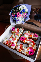 Fruit birthday cake. cake in the form of number 15