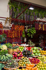 Fototapeta na wymiar Exotic fresh fruits stall at the Funchal market on the island of Madeira in Portugal
