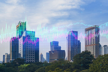 Day time view cityscape of Bangkok city background with business chart grid. Success and finance concept. Doublexposure