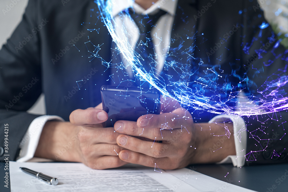 Poster double exposure of man texting on phone on high tech project. technology hologram. concept of resear