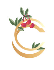 Letter C with gradient style beige color covered with green leaves and red berries eco font flat vector illustration isolated on white background