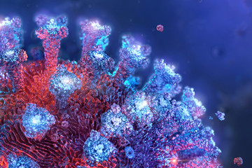 Coronavirus covid-19 influenza virus cell 3D medical illustration background. Corona virus 2019-ncov sars dangerous flu cell, closeup microscope image. Coronavirus sars-cov-2 disease outbreak pandemic
