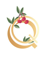 Letter Q with gradient style beige color covered with green leaves and red berries eco font flat vector illustration isolated on white background