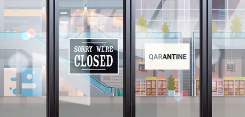 sorry we are closed sign hanging outside shopping mall entrance coronavirus pandemic quarantine bankruptcy commerce crisis concept retail store interior horizontal vector illustration