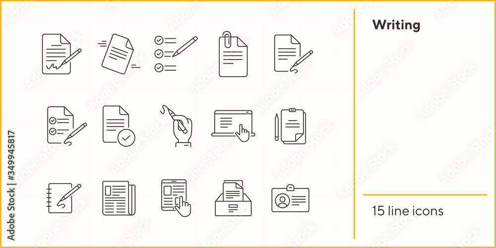 Poster writing icons simple icons collection on white background. notes, laptop, newsletter, notepad. docum