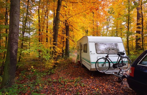 Caravan trailer with a bicycle and a car parked in a golden beech tree forest. Colorful red, orange and yellow leaves on the ground. Autumn landscape. Leisure activity in Heidelberg, Germany