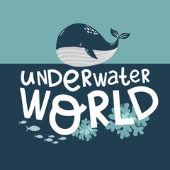 Naklejka premium letters underwater world lettering, blue whale and small fish, cartoon vector illustration hand drawing