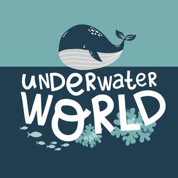 letters underwater world lettering, blue whale and small fish, cartoon vector illustration hand drawing