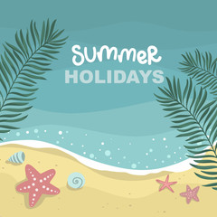 Fototapeta na wymiar summer sea with waves background, palm leaves, starfish mollusks, beach yellow sand, vector design template, lettering illustration hand drawing