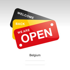 We are open welcome back Belgian flag ribbon logo icon label