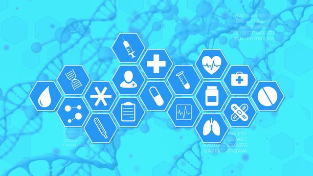 medical scientific animation, hexagon grid with icons related to medicine and research, dna helix and molecular structure on background (3d render)