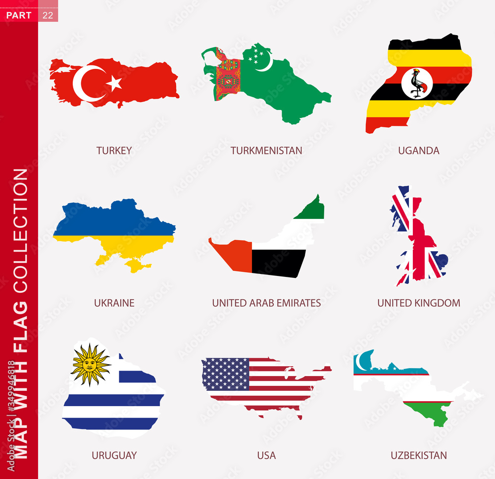 Sticker map with flag collection, nine map contour with flag