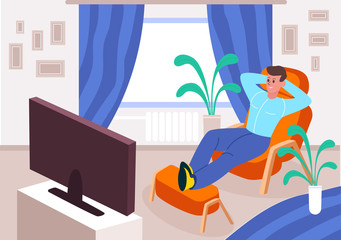 Quarantined man watches TV at home. Satisfied guy stays at home watching smart TV orange armchair laying comfortable chair opposite large window indoor green plants. Cartoon vector style.