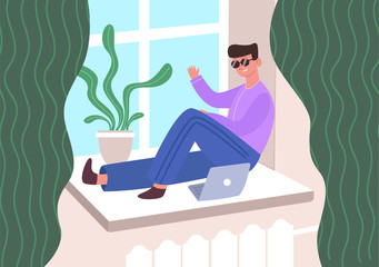 Man laptop on windowsill. Guy smile sunglasses in quarantine communicates online friends laptop while sitting pad near window next green houseplant. Vector cartoon style.