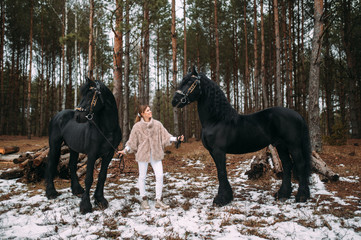 Picture of a beautiful young rider with two black horses