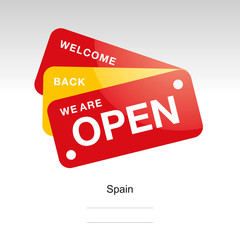 Obraz premium We are open welcome back Spanish flag ribbon logo icon label