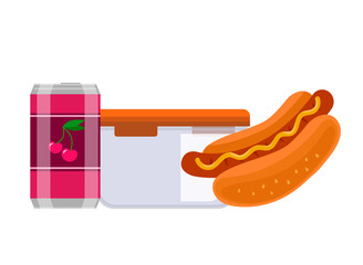Lunchbox lunch fast food. White plastic food container lunchbox orange lid hot dog can cherry cola. Fresh nutritious fast food satisfy hunger on trip. Nutritious vector clipart.