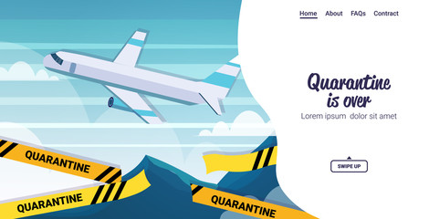 airplane flying in sky cut yellow tape coronavirus quarantine is over covid-19 virus pandemic ending concept lettering horizontal copy space vector illustration