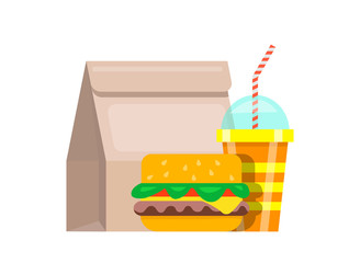 Paper bag lunch fast food. Bag food juicy fresh hamburger striped glass soda with straws nutritious fast food restaurant quick lunch snack. Appetizing vector clipart.