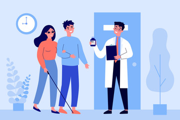 Disabled person visiting doctor office. Blind woman, assistant, hospital flat vector illustration. Disability, therapy, medical expertise concept for banner, website design or landing web page