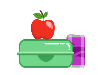 School lunchbox snack. Food container green lunchbox red juicy apple purple soda can healthy fresh breakfast student snack. Vector tasty clipart style.