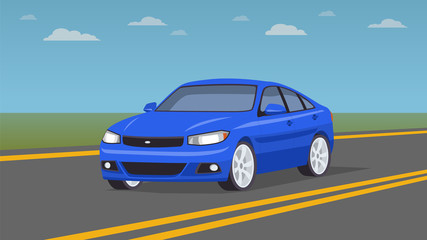 Obraz na płótnie Canvas Blue car on the road. Modern and fast vehicle racing under the blue sky. Super design concept of luxury automobile. Vector illustration