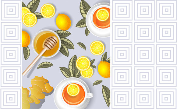 Vector background image of tea and lemons. The concept of preventive measures against a pandemic and seasonal diseases, a pleasant pastime in self-isolation. Tea ceremony. With place for your inscript