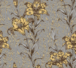 Pattern of lily and wood background. Vector illustration. Suitable for fabric, mural, wrapping paper and the like