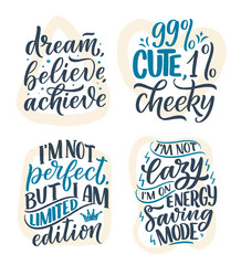 Set with funny hand drawn lettering compositions. Cool phrases for print and poster design. Inspirational feminism slogans. Girl power quotes. Greeting card template. Vector