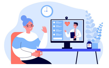 Senior lady consulting doctor online. Old patient having conference chat with physician flat vector illustration. Consultation, lockdown concept for banner, website design or landing web page