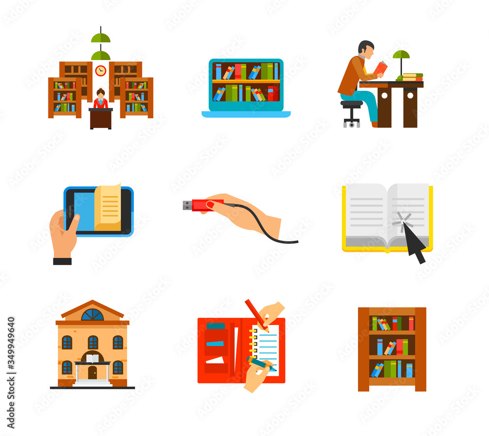 Poster librarian digital library student reading e-book memory stick online materials library building remi