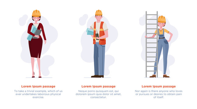 Architects and engineers set. Builders in hardhats, foreman flat illustration. Construction site, building, engineering concept for banner, website design or landing web page