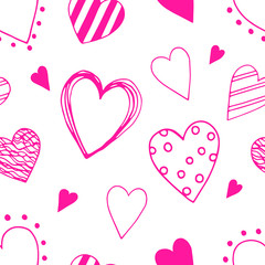 Seamless doodle pattern with hearts. Hand drawn romantic illustration for cards, posters, banners, textile and other design.