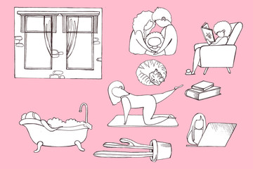 Stay home, line icons. Exercises, relaxation, family, cat, work from home, books. Pink background