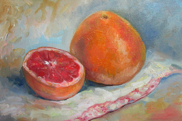 The grapefruit on the table, oil painting