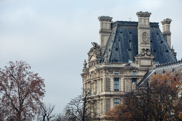 View of the roof of the Louvre Museum through autumn trees.