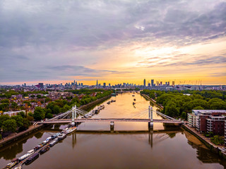 Aerial view of Albert bridge and central London, UK