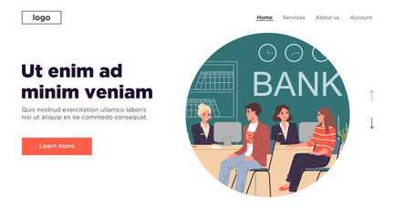 Bank consultants talking to clients. Customers consulting managers in bank lobby flat illustration. Finance, credit, consultation concept for banner, website design or landing web page