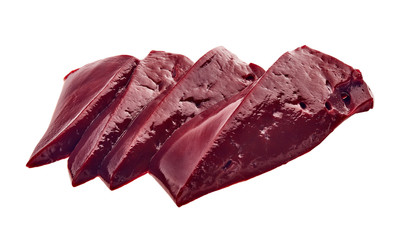 Raw beef livers on  white background.