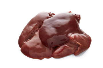 Raw chicken livers on  white background.