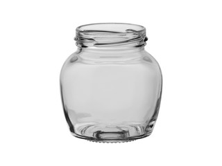 Empty glass jar with a convex shape, without a lid, isolated on a white background