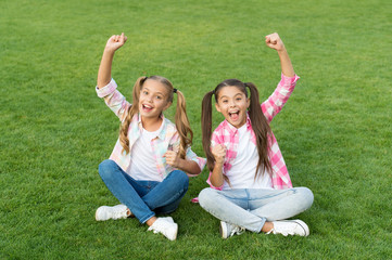 Joyful friends. Have fun. Happy kids relaxing outdoors. Sisterhood and friendship. Cheerful...