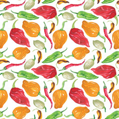 Watercolor seamless pattern with very hot peppers on a white background. Different types of habanero and chili peppers.

