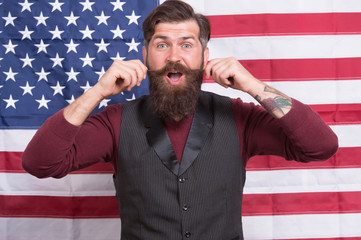Yes, America Can. independence day. celebration of freedom. Patriotic education. hipster touch moustache. happy mature man at american flag. bearded man usa parliament representative. fourth of july