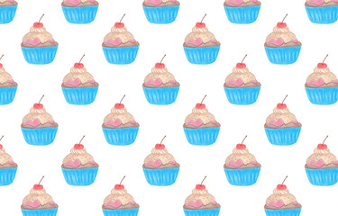 Seamless cute pattern of cupcakes with cherry