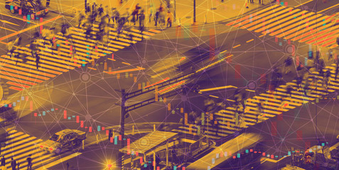 Stock market crash theme with a busy city intersection