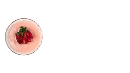 Close-up macro photo of strawberry pudding isolated on white background. Top view. Copy space for text message.