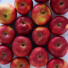 From above shot of tasty red apples flat lay. Gyration red ripe apples close-up.