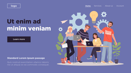 Creative business team brainstorming. Professionals with laptops, bulbs, gears working together flat illustration. Teamwork, cooperation concept for banner, website design or landing web page