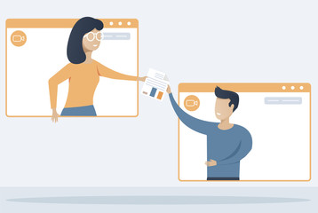 Video call concept. Online meeting. Smartphone in hand. Online communication concept. Virtual work meeting. Video chat. Flat vector illustration for web sites and banners design